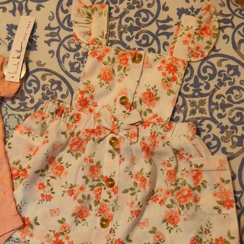 Nicole Miller 2 PC Floral Button-Up Baby Dress/Pink Onesie/Headband 18 Months